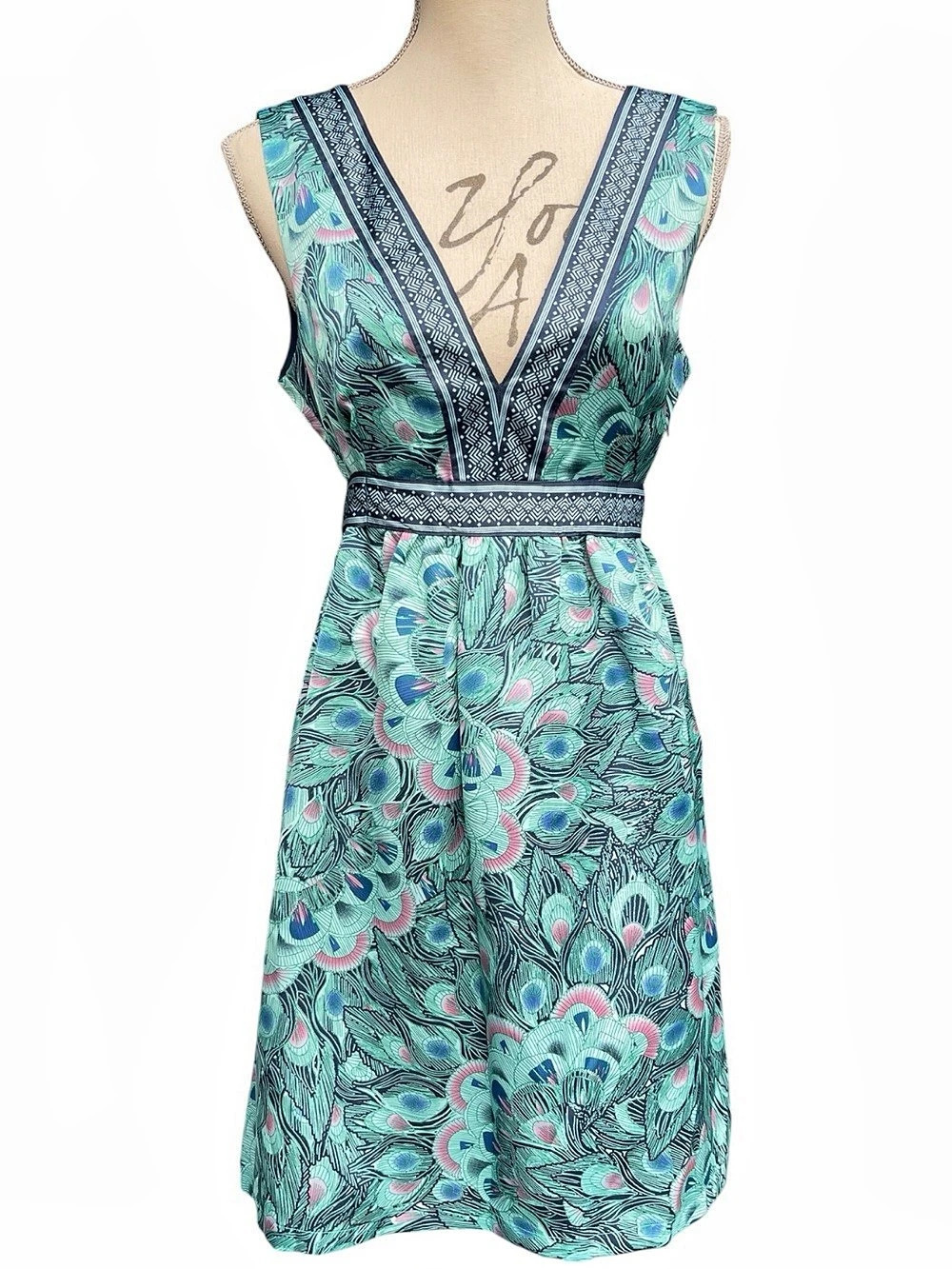 H&M Navy/Mint Peacock Feather Print Deep V Sleeveless Tie Back Mini Dress (12)